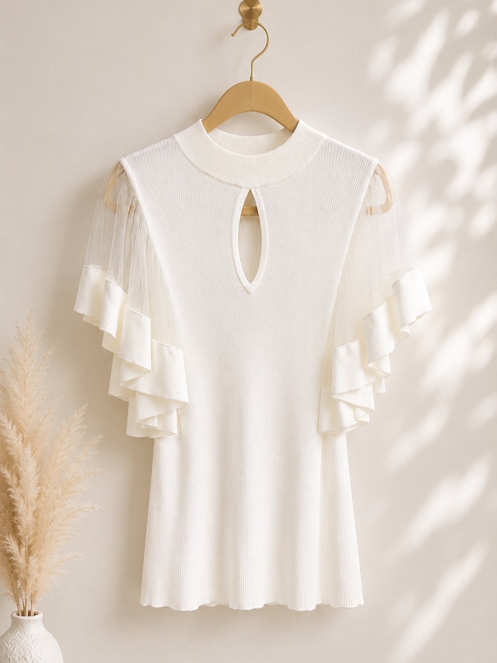 Elegant Cream Ruffle-Sleeve Knit Top with Keyhole